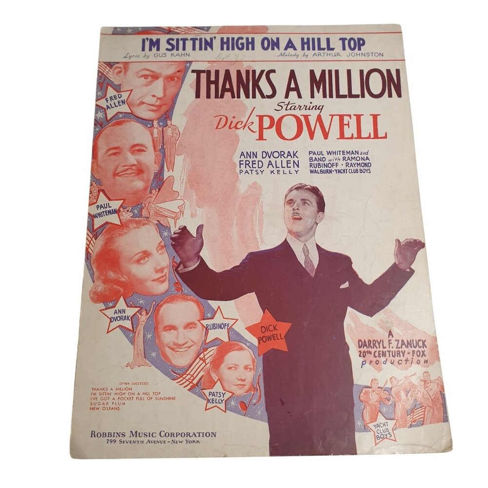 Thanks A Million 1935 Sheet Music Im Sittin High On A Hill Top Dick Powell Kahn
